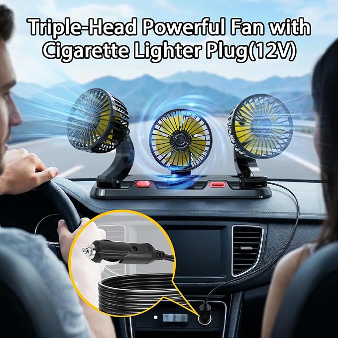 Portable 3-Head Car Cooling Fan, Fans for Vehicles Cars Trucks Dashboard (Cigarette Lighter Plug, No Battery)