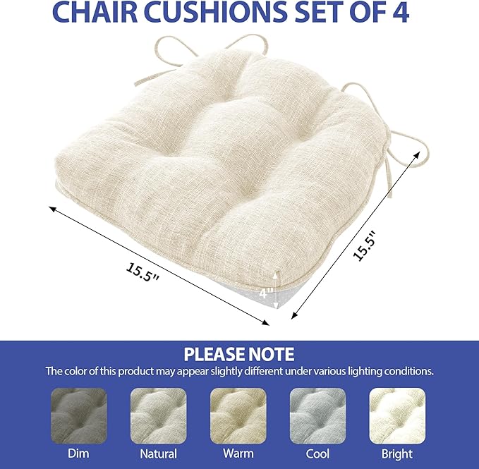 IPYNBAP Chair Cushions for Dining Chairs Set of 4, Kitchen Chair Cushions, Chair Pads with Ties and Non Slip Backing, Tufted Memory Foam Seat Cushion 4 Pack, 15.5" x 15.5" x 4", Cream