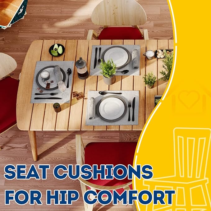AAAAAcessories D-Shaped Chair Cushions, 2" Thick Dining Chair Pads with Ties and Removable, Machine-Washable Cover, 17" x 16", Set of 6, Wine Red