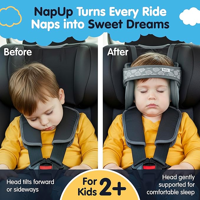 NapUp Adjustable Head Support for Car Seat – Patented & Crash-Tested Anti-Bobbing Head Holder Strap, Comfortable Sleep Solution - Breathable Fabric, Kids Travel Accessories - Ages 2+ - Grey