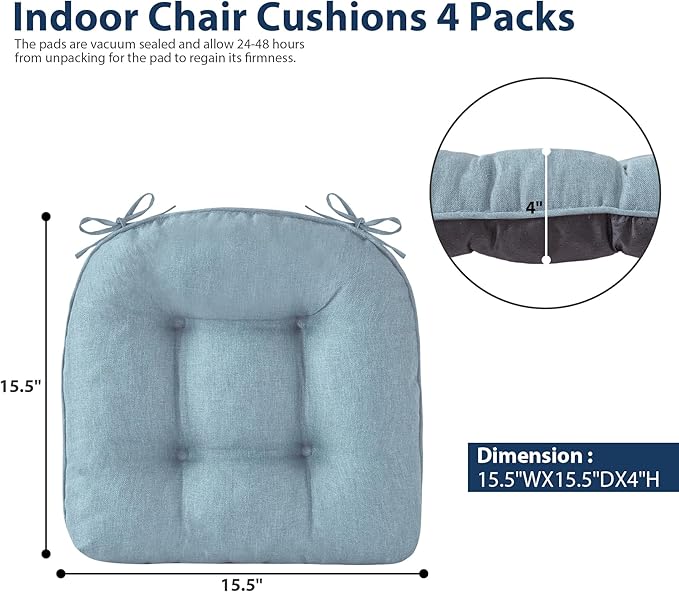 IASEAHK Chair Cushions for Dining Chairs, Seat Cushions for Kitchen Chairs, Indoor Seat Cushions with Ties, Tufted Foam Chair Pads, Non Slip Chair Cushions Set of 4, 15.5" x 15.5" x 4", Light Blue