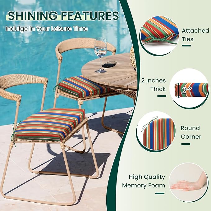 HARBOREST Outdoor Chair Cushions Set of 6, Water Resistant Patio Chair Cushions with Ties, Outdoor Seat Cushions for Patio Furniture, 17"x16"x2", Rainbow Stripes