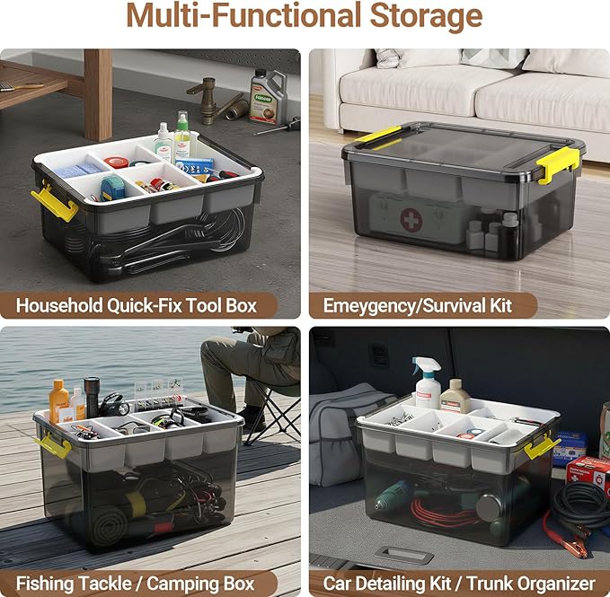40Qt Stackable Storage Bins with Lids & Trays, Clear Plastic Latching Boxes Organizers with Dividers Portable 10Gal Containers for Arts & Crafts, Home & Car Trunk Organization, Grey, 2Pack