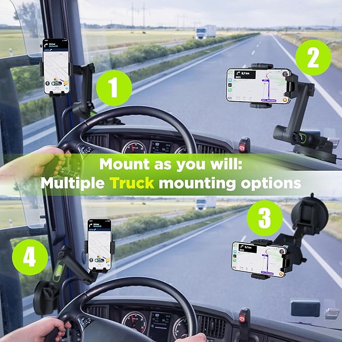 Cell Phone Mount for Truck Phone Holder for Truck Drivers - Heavy Duty Suction Cup + Dashboard Pad, iPhone Holder for Dashboard Window 16.9 inch Long, for iPhone & Samsung, Semi Trucker, Black