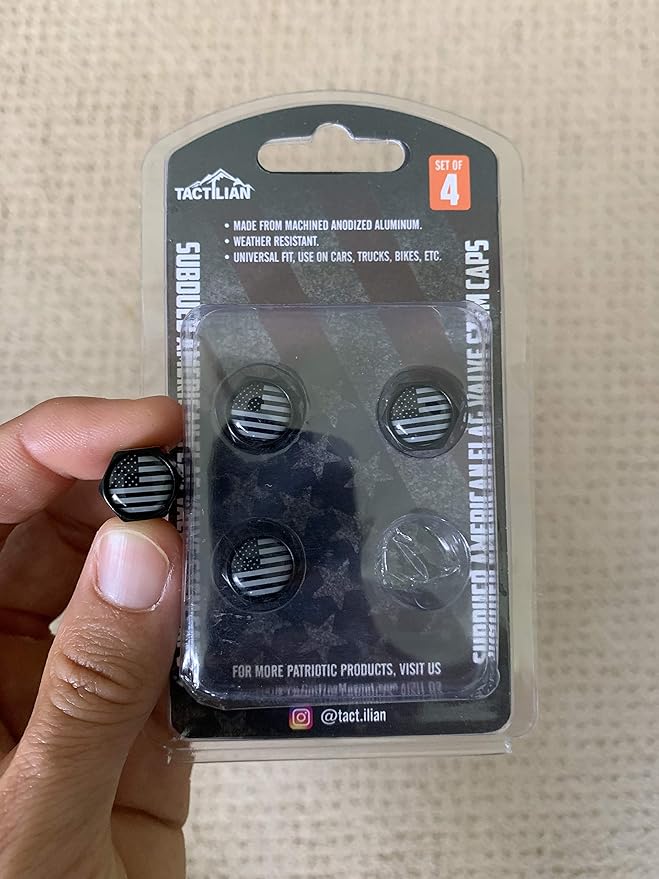 TACTILIAN American Flag Tire Valve Stem Caps 4 Pack | Black Subdued Aluminum with Rubber O-Ring Air Leakproof Valve Caps Cover fits Cars, Trucks, Bikes, Motorcycles, Bicycles Tire Caps