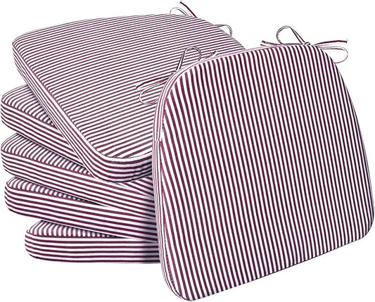 AAAAAcessories D-Shaped Chair Cushions, 2" Thick Dining Chair Pads with Ties and Removable, Machine-Washable Cover, 17" x 16", Set of 6, Pinstripe Red