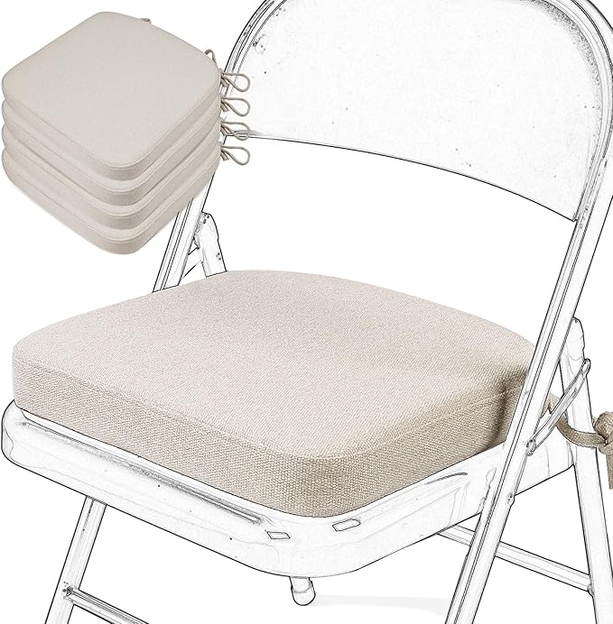 SINOSSO Memory Foam Chair Cushions for Folding Chairs 4 Pack, Thickened 2" Square Pads with Ties for Kitchen Chairs, Indoor Non-Slip Dining Chair Seat Cushions (Set of 4, Oatmeal Beige)