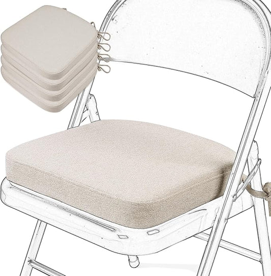 SINOSSO Memory Foam Chair Cushions for Folding Chairs 4 Pack, Thickened 2" Square Pads with Ties for Kitchen Chairs, Indoor Non-Slip Dining Chair Seat Cushions (Set of 4, Oatmeal Beige)