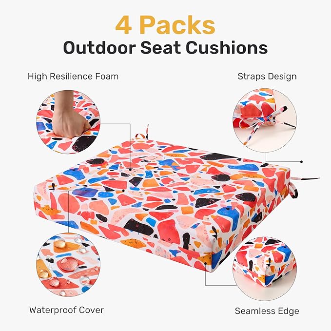 UNIKOME Outdoor Chair Cushions Pack of 4, Water Resistant Patio Cushions with Ties, High Density Sponge Filling Square Corner Seat Cushions for Outdoor Furniture, 24"*24"*4", Petal Stone