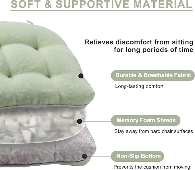 Battilo Chair Cushions Set of 4 for Dining Chairs, Seat Cushions for Kitchen Chairs with Non-Slip Backing, Indoor/Outdoor Waterproof Chair Seat Pads with Ties, 15.5"x15.5"x4", Sage Green