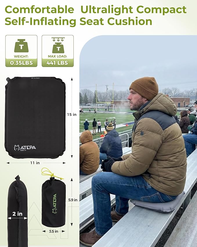 ATEPA Inflatable Seat Cushion, Compact Self-Inflating Seat Cushion for Stadium Airplane Air Travel Bleacher Camping, Blow Up Foam Seat Pad for Outdoor Sports Events Backpacking Hiking Sitting