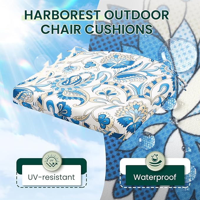HARBOREST Outdoor Chair Cushions Set of 6, Water Resistant Patio Chair Cushions with Ties, Outdoor Seat Cushions for Patio Furniture, 17"x16"x2", Blue Butterfly
