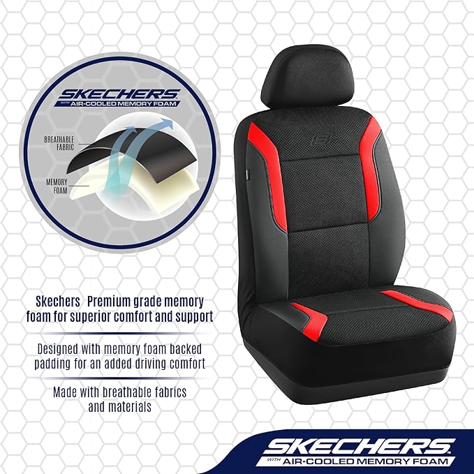 Skechers Memory Foam Car Seat Covers, Air Cool Mesh Thick Seat Covers, Car Seat Covers Front Seats Airbag Compatible, Automotive Comfort & Protection for Most Cars,Vans,Trucks, SUVs,Red
