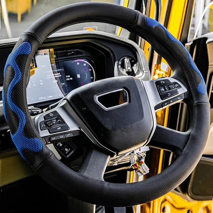 DaisyInner 17.5-18 Inch Truck Steering Wheel Cover Leather Wheel Semi-Truck Comfy Grip Cover with 3D Honeycomb Anti-Slip Design Car Accessory, Fits RV, Big Rig and Classic Car(Blue, Classic Style)