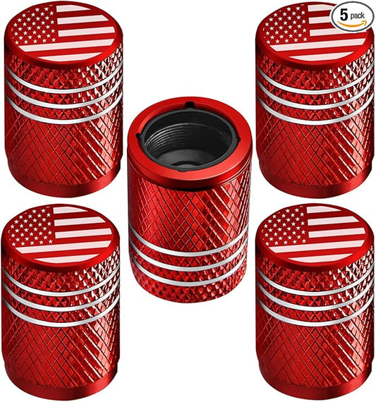 Tire Valve Stem Caps for Car Tire Cap 5 Pack Corrosion Resistant Leak-Proof Premium Alloy American Flag Universal for Car Bike Truck Motorcycle Red
