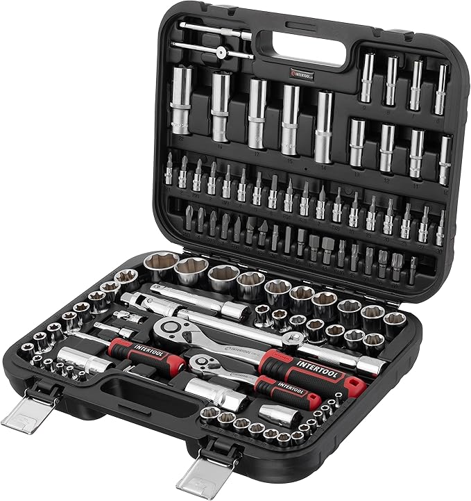 INTERTOOL Metric Socket Set Super Lock, 1/4-inch & 1/2-inch Drive, 110-Piece, Quick Release Ratchets, Extensions, Adapters, Bits, Screwdriver, Metal Latch Hard Case, Tool Gift, ET08-8110