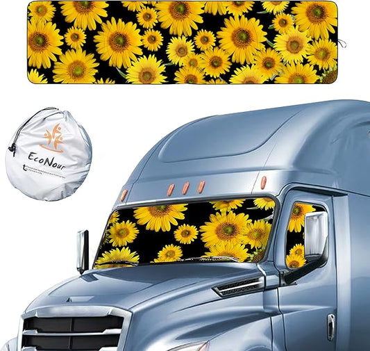 EcoNour Semi Truck Printed Sun Shade for Windshield | UV Sun Protector & Heat Blocker Sunshade | 240T Front Window Shades Accessories | Best for Commercial & Big Rig Semi Truck