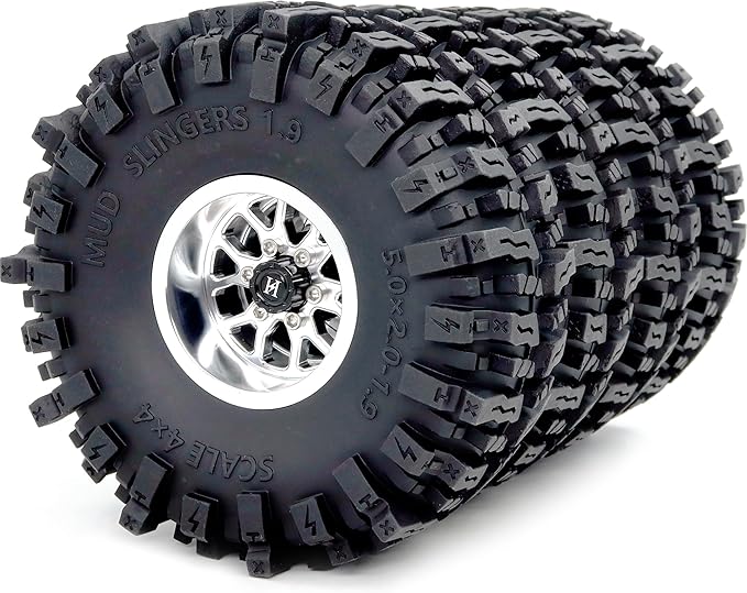 HOBBYSOUL 5.0'' Tall 1.9 Mud Slingers T8 tires & -10.5mm Negative Offset 1.9 Beadlock wheels rims For 1/10 Crawler SCX10 TRX4 high Trail Upgrades, HS701548