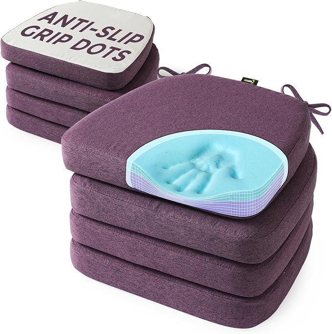 SUNROX Cooling Gel Memory Foam Chair Cushions, 2.6" Thick U-Shaped Dual-Layer Comfort Dining Chair Pads, Non Slip Seat Cushion with Ties for Indoor Kitchen Office 17"x16" Set of 8, Dusty Lavender