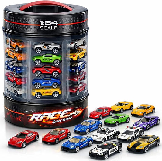 25 Piece Diecast Cars Pack Toy Playset in Storage Carrying Tub - 1:64 Scale Metal Alloy Die-cast Vehicles Collection for Kids
