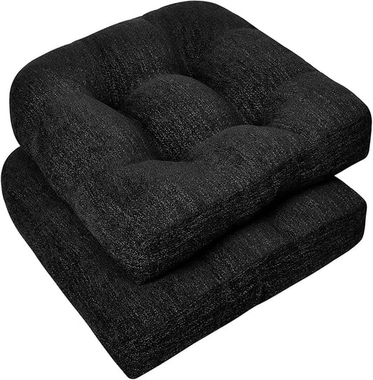 downluxe Chair Cushions for Dining Chairs 2 Pack, Tufted Indoor Chair Pads with Non-Slip Bottom, U-Shaped Kitchen Chair Cushions, 17"x17"x4", Black