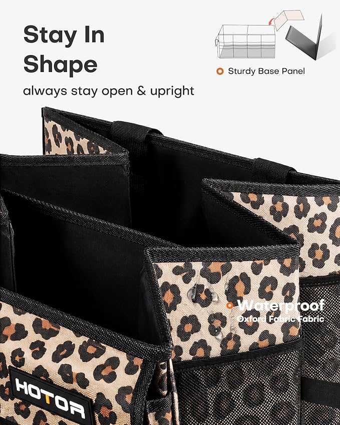 HOTOR Trunk Organizer - Car Organizer, Foldable Trunk organizer for SUVs & Sedans, Sturdy Car Organization for Car Accessories, Tools, Sundries, Brown Leopard, 2 Compartments, 21.3"×12.6"×10.6"