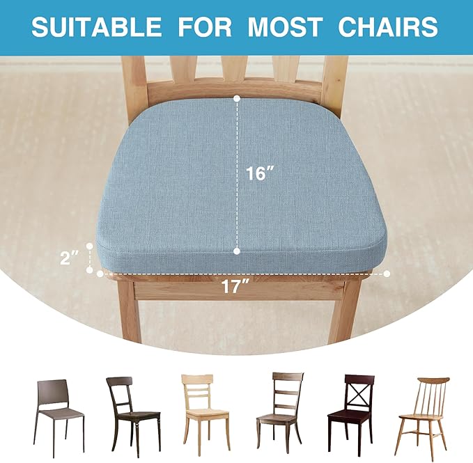IASEAHK Chair Cushions for Dining Chairs Set of 4, Non Slip Kitchen Chair Pads, 17" x 16" x 2", Indoor Dining Chair Cushions with Ties, D-Shaped Seat Cushions for Kitchen Chairs, Light Blue