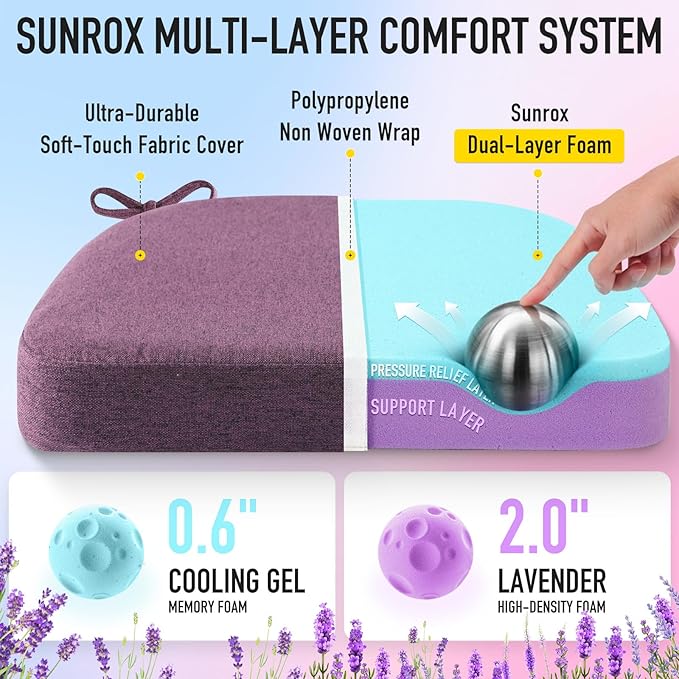 SUNROX Cooling Gel Memory Foam Chair Cushions, 2.6" Thick U-Shaped Dual-Layer Comfort Dining Chair Pads, Non Slip Seat Cushion with Ties for Indoor Kitchen Office 17"x16" Set of 8, Dusty Lavender