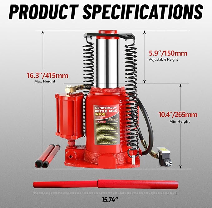 32 Ton Air Hydraulic Bottle Jack with Air-Powered or Manual Operation, One-Piece Hydraulic Cylinder Design, Air Bottle Jack with Independent Air Pump Body and Carry Handle