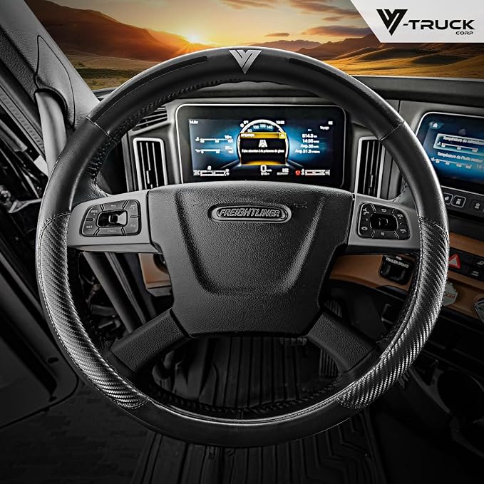 18-Inch Genuine Leather Steering Wheel Cover for Semi Trucks – Black with Black Stripes, Universal Fit Heavy-Duty Non-Slip Grip, Comfortable Control, Easy Installation