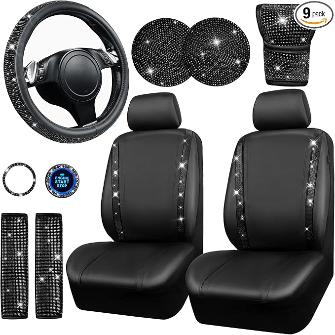 CAR PASS Bling Diamond Leather Car Seat Covers 11 PCS, Sparkly Rhinestone Steering Wheel Cover Glitter Cute Interior Car Accessories Sets Seat Belt Cushion Cup Holder Coaster Women Girl, Black Diamond