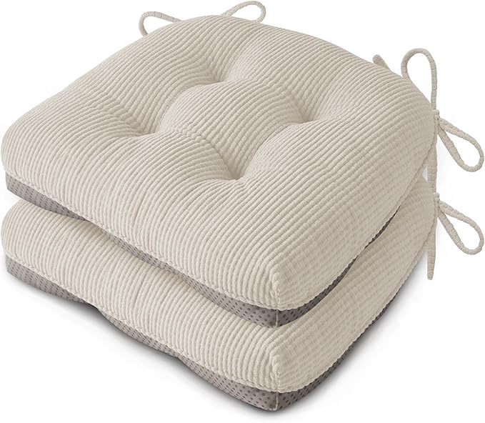 Indoor Kitchen Chair Cushions Set of 2 18"X16.5"X3" Soft Anti Slip Dining Chair Pads Tufted Kitchen Seat Cushion with Ties, Beige