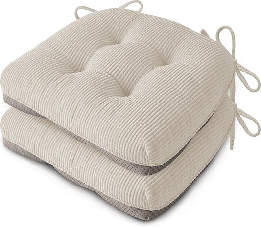 Indoor Kitchen Chair Cushions Set of 2 18"X16.5"X3" Soft Anti Slip Dining Chair Pads Tufted Kitchen Seat Cushion with Ties, Beige