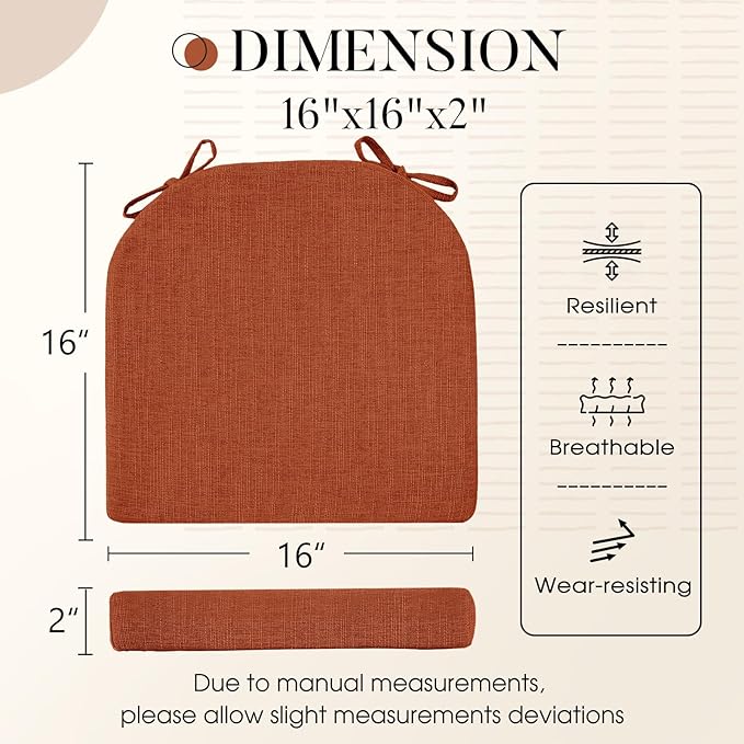 Basic Beyond Chair Cushions for Dining Chairs 4 Pack, Kitchen Chair Cushions with Ties and Non Slip Backing, 16 x 16 inches Chair Pads for Dining Chairs (Orange)