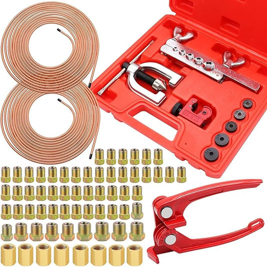 25 ft 3/16 + 1/4 Copper Coated Brake Line Kit(Includes 48 Fittings and 8 Unions) with Tube Bender and Double & Single Flaring Tool Kit