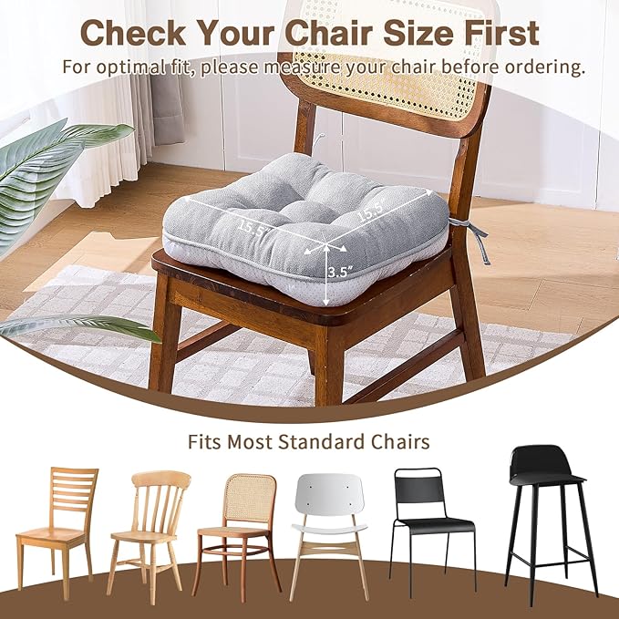 BETU Chair Cushions for Dining Chairs Set of 4,3.5" Thick Kitchen Table Chair Pads with Ties,Non Slip Backing and Covers, Seat Cushion for Dining Room,Bar,Patio Chairs,15.5"X15.5"X3.5",Light Grey