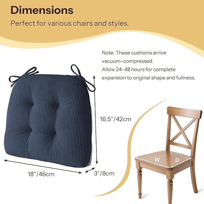 Indoor Kitchen Chair Cushions Set of 2 18"X16.5"X3" Soft Anti Slip Dining Chair Pads Tufted Kitchen Seat Cushion with Ties, Blue