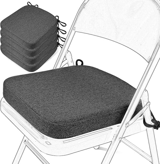 SINOSSO Memory Foam Chair Cushions for Folding Chairs 4 Pack, Thickened 2" Square Pads with Ties for Kitchen Chairs, Indoor Non-Slip Dining Chair Seat Cushions (Set of 4, Dark Grey)