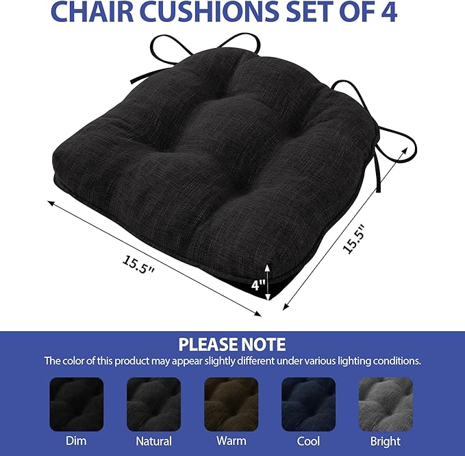IPYNBAP Chair Cushions for Dining Chairs Set of 4, Kitchen Chair Cushions, Chair Pads with Ties and Non Slip Backing, Tufted Memory Foam Seat Cushion 4 Pack, 15.5" x 15.5" x 4", Black
