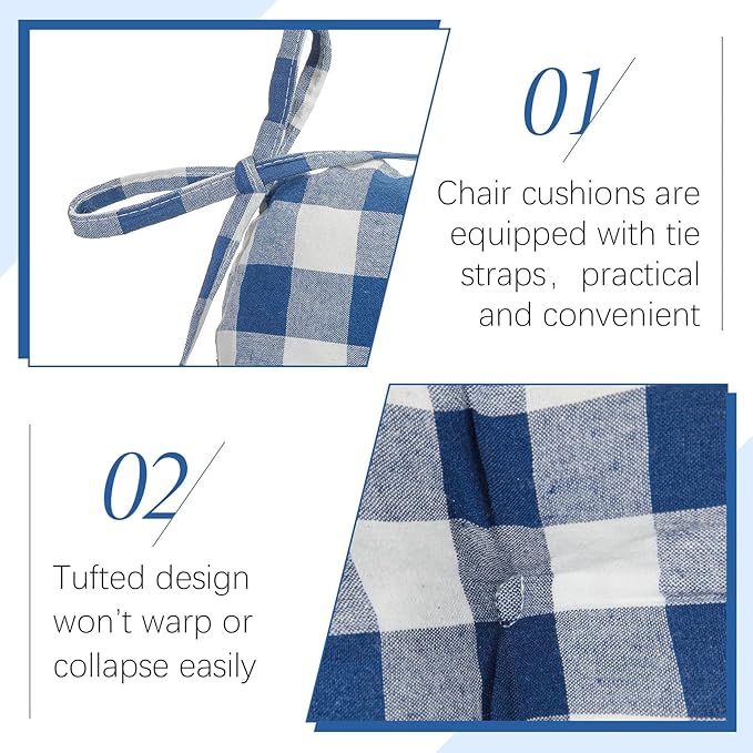 Geetery 4 Pack Chair Cushions for Dining Chair Kitchen Seat Pads with Ties Buffalo Plaid Soft Comfy Square Seat Pads for Home, Outdoor, Patio, Room (Navy Blue)