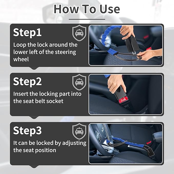 Car Steering Wheel Lock, 1 Pack Anti Theft Car Device with Max 17” Locking Length, Thickened Steel Wire, and Fine Stitched Edges, 3 Keys Included, Easy to Store, Fits Most Vehicles, SUVs（Blue）