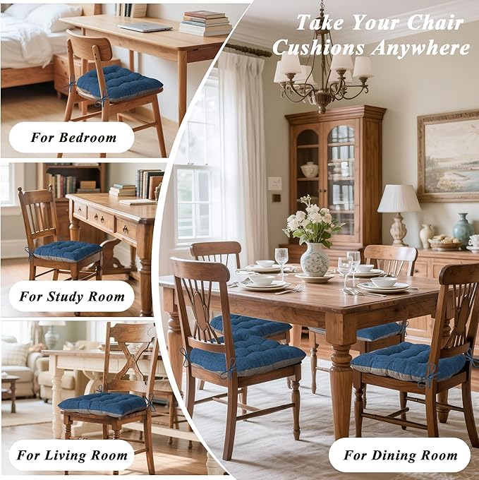 Chair Cushions for Dining Chairs Set of 2 Durable D-Shaped Seat Cushions with Non-Slip Backing Secure Ties Thick Cozy Seat Pad for Kitchen Dining Room Office(18x16.5x3in Navy)