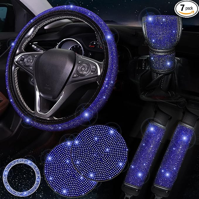 7 Pack Bling Car Accessories Set for Women Girl,Blue Diamond Steering Wheel Cover Set 15 inch,Seat Belt Pad,Stick Shift Cover,Push Start Button Bling Ring,Car Coasters, Blue