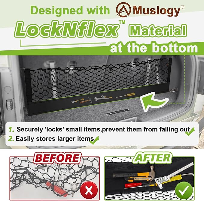 Muslogy Envelope Style Trunk Cargo Net Compatible with 2023 2022 2021 2020 2019 Hyundai Santa Fe Accessories Custom Fit Trunk Organizer Upgraded Storage Luggage Net with Metal Hooks