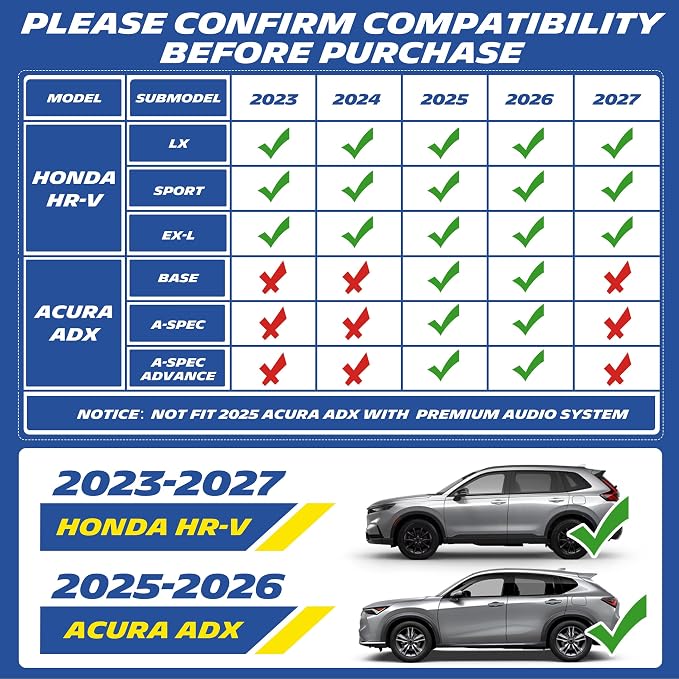 Michelin Vehicle Mats, Premier Series All-Weather TPE Custom Fit Liner for Honda HR-V LX/EX-L/Sport 2023-2026 & Acura ADX 2025-2026 Gasoline & Hybrid, without Premium Audio System, Floor Mats(4 Piece)