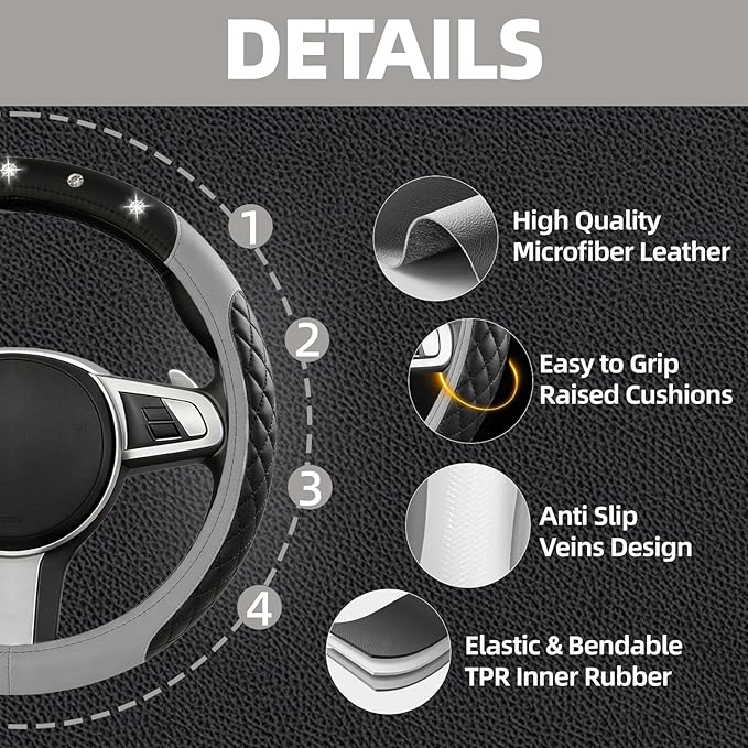NBTEPEM 6 PCS Bling Car Accessories Set, Leather Steering Wheel Covers Universal 14.5-15 inch, Center Console Cover, Seat Belt Cushion, Cup Holder Coaster (Gray)