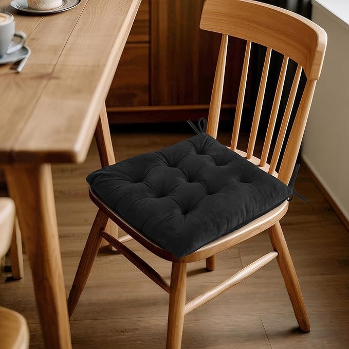 ELFJOY Set of 4 Square Chair Pads Indoor Seat Cushions Pillows with Ties Thick Soft Seat Cushion for Kitchen Dining Office Chair (18", Black)