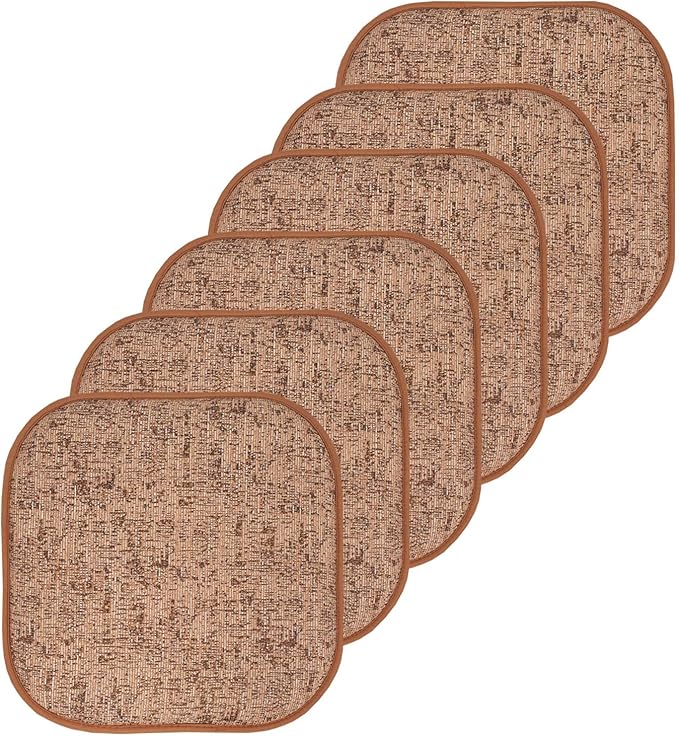 Sweet Home Collection Chair Cushion Memory Foam Pads Honeycomb Pattern Slip Non Skid Rubber Back Rounded Square 16" x 16" Seat Cover, 6 Pack, Broadway Rust/Brown