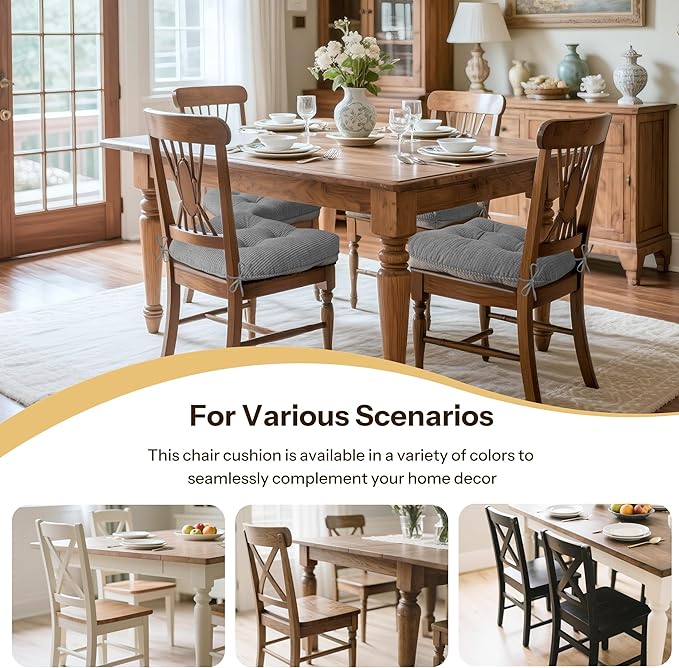Indoor Kitchen Chair Cushions Set of 2 18"X16.5"X3" Soft Anti Slip Dining Chair Pads Tufted Kitchen Seat Cushion with Ties, Grey