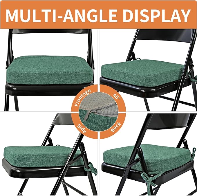 SINOSSO Memory Foam Chair Cushions for Folding Chairs 6 Pack, Thickened 2" Square Pads with Ties for Kitchen Chairs, Indoor Non-Slip Dining Chair Seat Cushions (Set of 6, Green)
